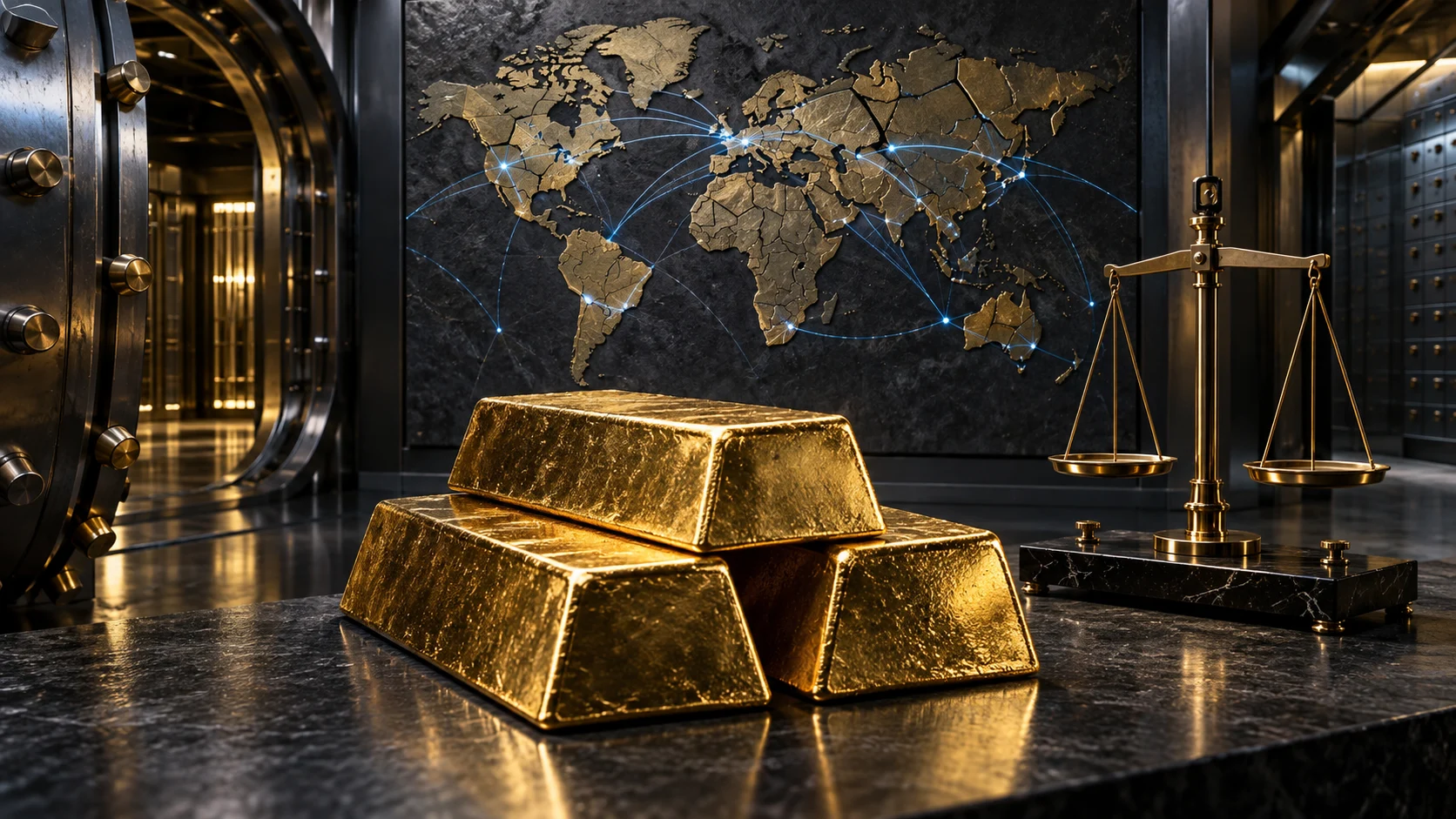 Illustrazione generata con IA: lingotti d’oro in un caveau simbolico, con mappa del mondo frammentata e bilancia.