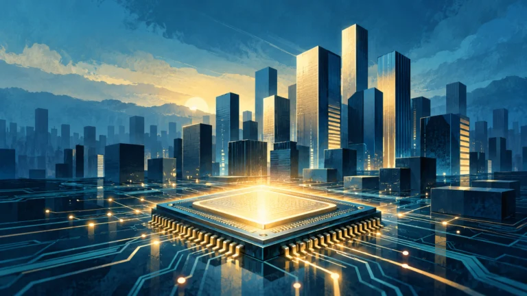 Illustrazione di un semiconduttore luminoso davanti a edifici tecnologici con luci di diversa intensità