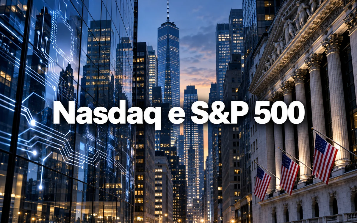 Wall Street al crepuscolo con riflessi tecnologici e scritta Nasdaq e S&P 500