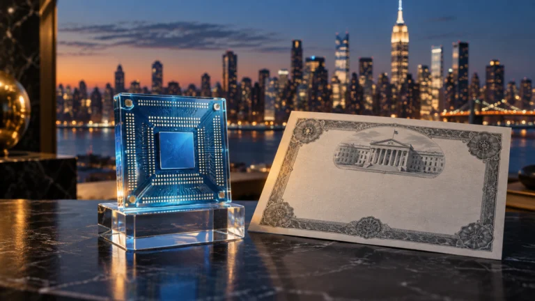 Illustrazione di un chip azzurro su un piedistallo e un documento obbligazionario davanti allo skyline di Manhattan.