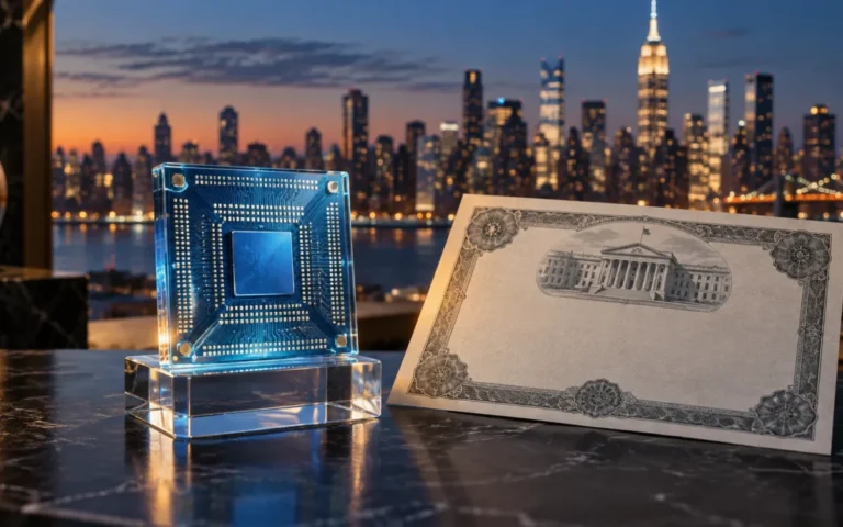 Illustrazione di un chip azzurro su un piedistallo e un documento obbligazionario davanti allo skyline di Manhattan.