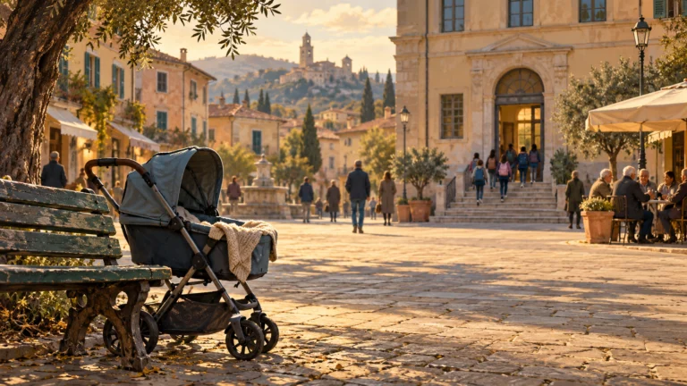 Illustrazione di una piazza italiana con passeggino, panchina, scuola e negozi sullo sfondo