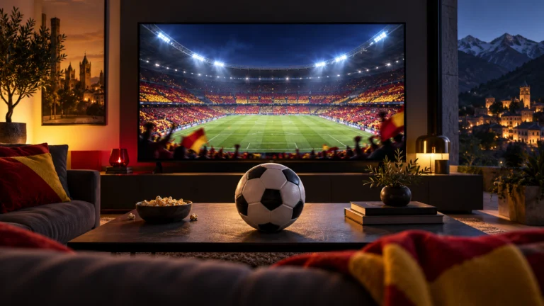Illustrazione di un pallone davanti a uno schermo con uno stadio, simbolo del calcio in streaming.