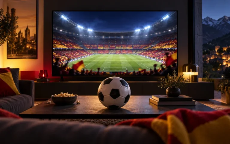 Illustrazione di un pallone davanti a uno schermo con uno stadio, simbolo del calcio in streaming.