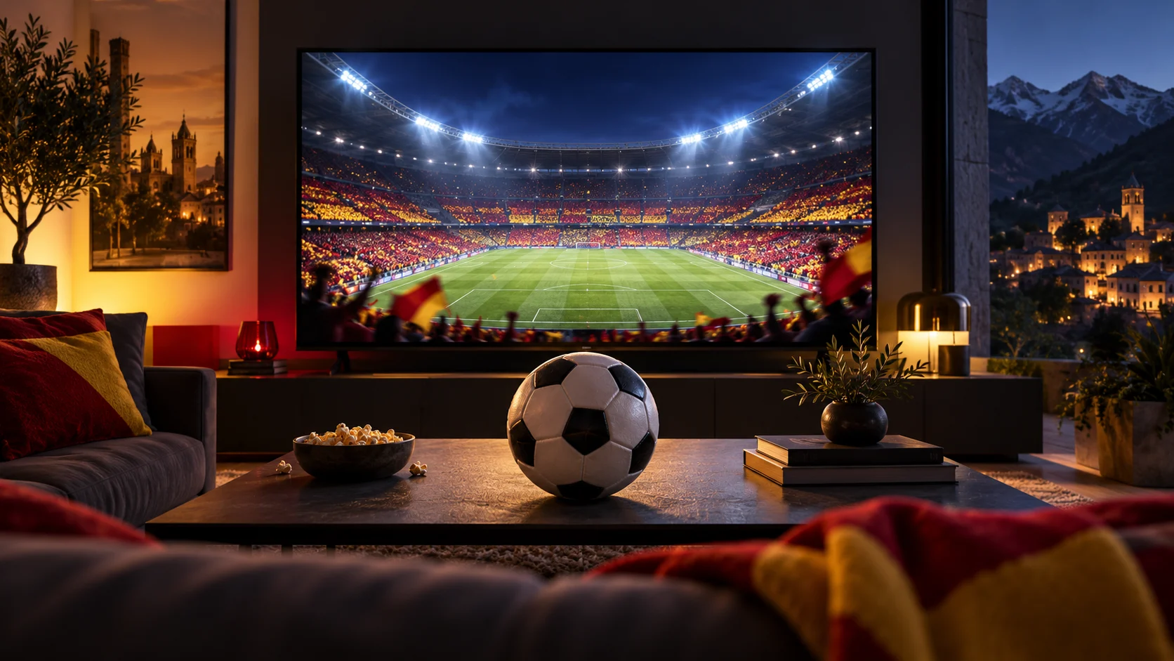 Illustrazione di un pallone davanti a uno schermo con uno stadio, simbolo del calcio in streaming.