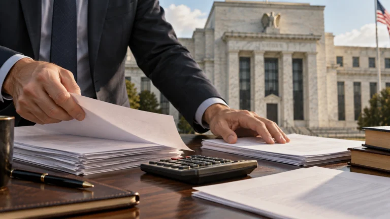 Illustrazione generata con IA: documenti sul lavoro e calcolatrice, con un edificio della Federal Reserve sullo sfondo.