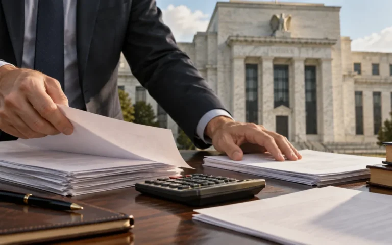 Illustrazione generata con IA: documenti sul lavoro e calcolatrice, con un edificio della Federal Reserve sullo sfondo.