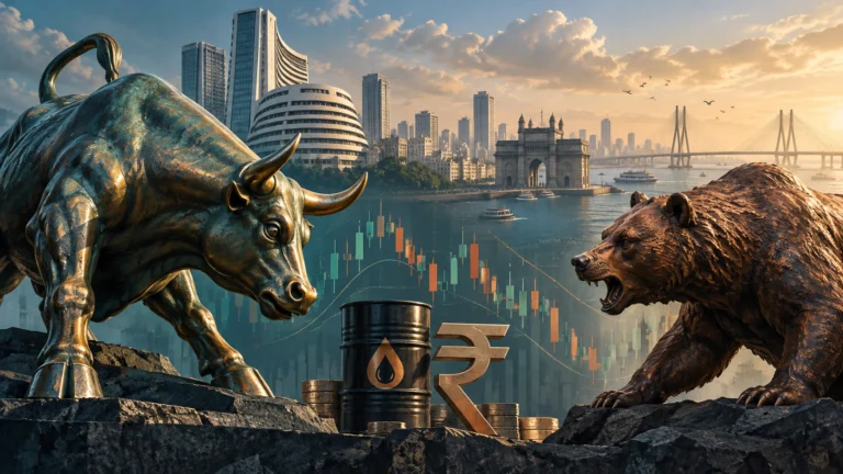 Illustrazione del confronto fra toro e orso sui mercati indiani, con Mumbai, petrolio e rupia sullo sfondo