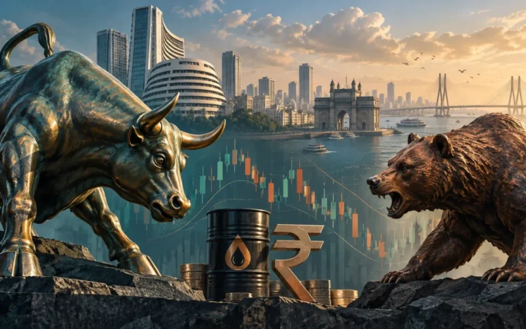 Illustrazione del confronto fra toro e orso sui mercati indiani, con Mumbai, petrolio e rupia sullo sfondo