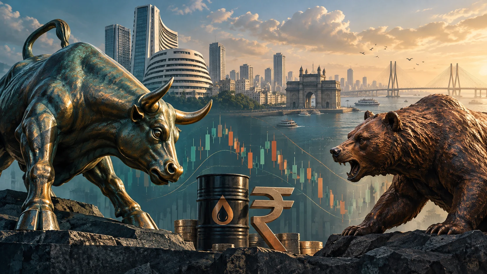 Illustrazione del confronto fra toro e orso sui mercati indiani, con Mumbai, petrolio e rupia sullo sfondo