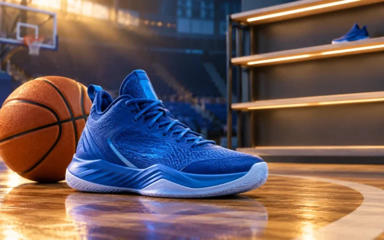 Illustrazione generata con IA: una scarpa da basket blu generica e un pallone su un campo, accanto a un espositore quasi vuoto.