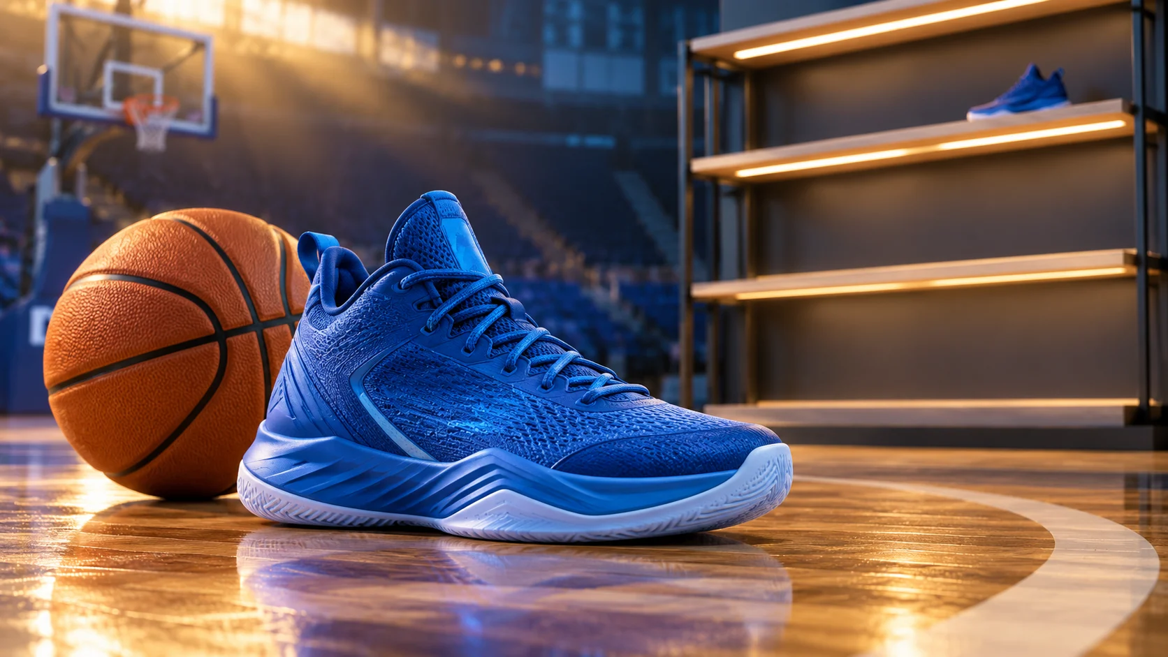 Illustrazione generata con IA: una scarpa da basket blu generica e un pallone su un campo, accanto a un espositore quasi vuoto.