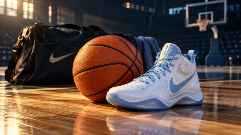 Illustrazione originale di un pallone e una scarpa da basket su un campo, con una borsa sportiva Nike sullo sfondo.