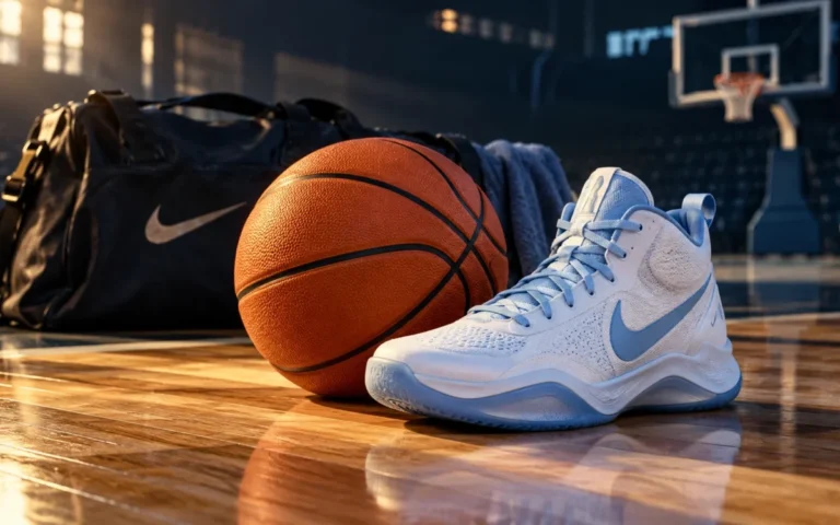 Illustrazione originale di un pallone e una scarpa da basket su un campo, con una borsa sportiva Nike sullo sfondo.