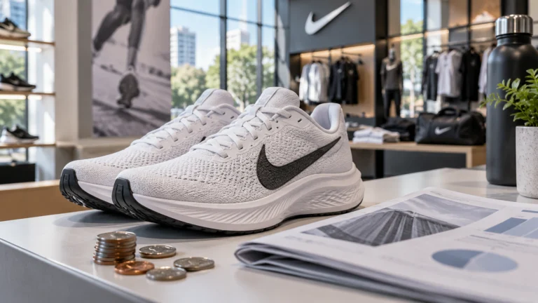 Illustrazione generata con IA: scarpe sportive Nike accanto a monete e documenti finanziari.