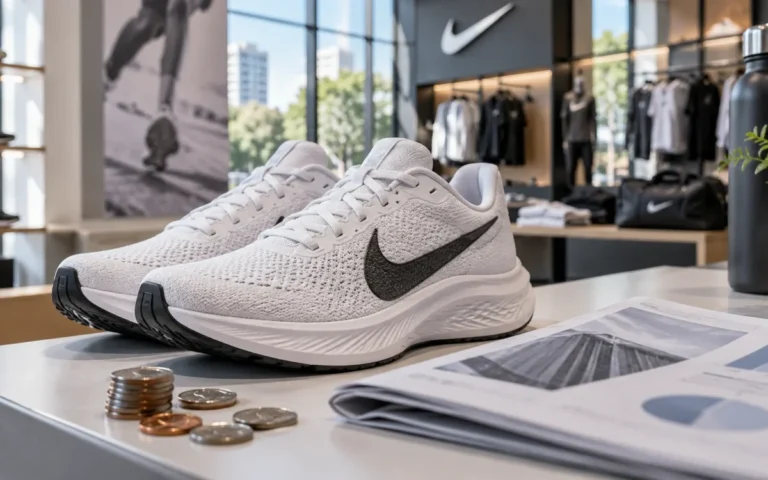 Illustrazione generata con IA: scarpe sportive Nike accanto a monete e documenti finanziari.