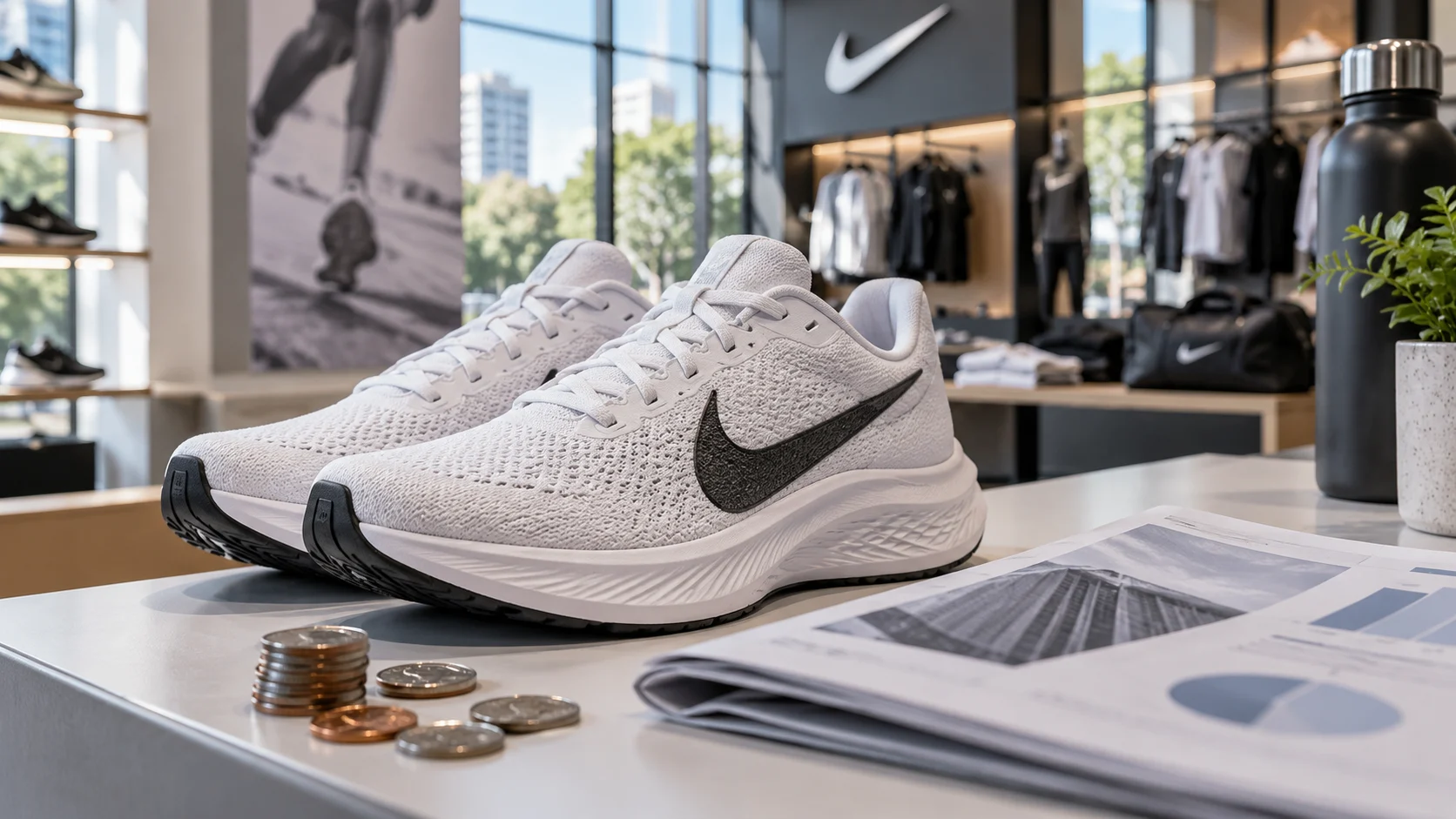 Illustrazione generata con IA: scarpe sportive Nike accanto a monete e documenti finanziari.