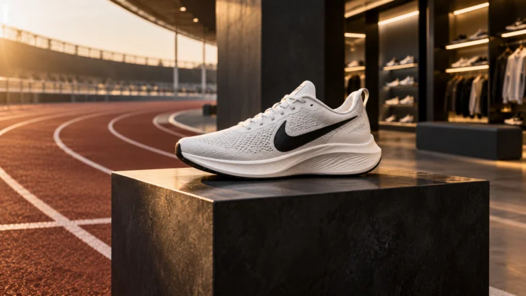 Scarpa sportiva Nike su un espositore con pista di atletica e negozio sullo sfondo, illustrazione editoriale