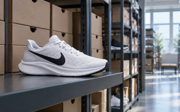 Illustrazione generata con IA: scarpa sportiva con marchio Nike su uno scaffale, con scatole in un magazzino sullo sfondo.