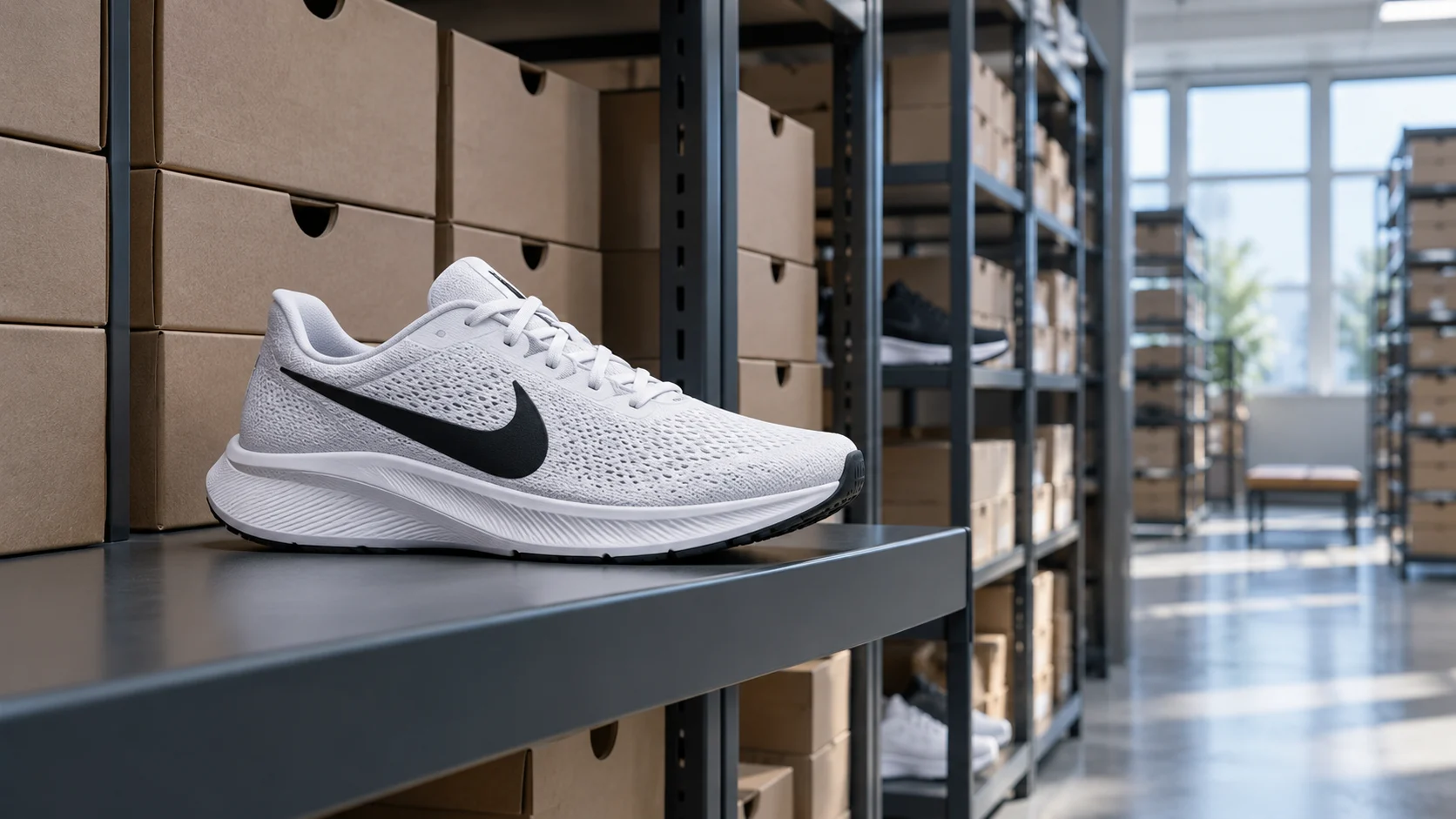 Illustrazione generata con IA: scarpa sportiva con marchio Nike su uno scaffale, con scatole in un magazzino sullo sfondo.