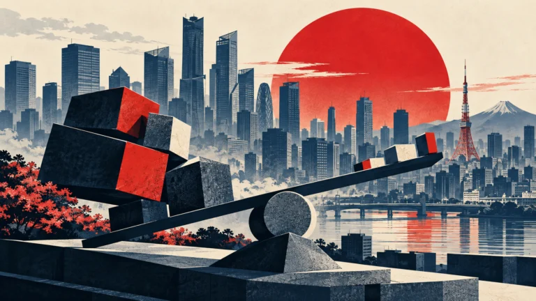 Illustrazione dello skyline di Tokyo con blocchi di dimensioni differenti e un sole rosso