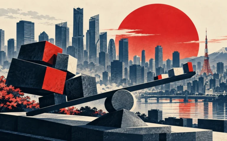 Illustrazione dello skyline di Tokyo con blocchi di dimensioni differenti e un sole rosso