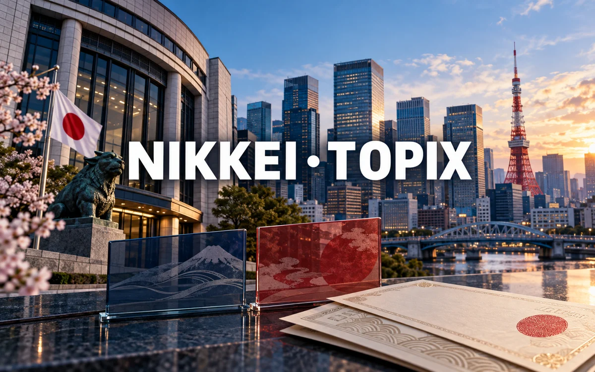 Skyline finanziario di Tokyo con la scritta Nikkei e TOPIX, rappresentazione editoriale del mercato azionario giapponese.