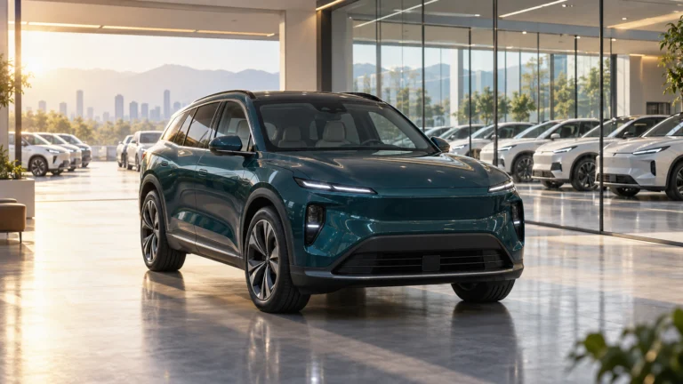 Illustrazione generata con IA: SUV elettrico in uno spazio di consegna con altre vetture sullo sfondo.