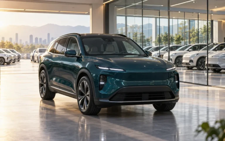 Illustrazione generata con IA: SUV elettrico in uno spazio di consegna con altre vetture sullo sfondo.