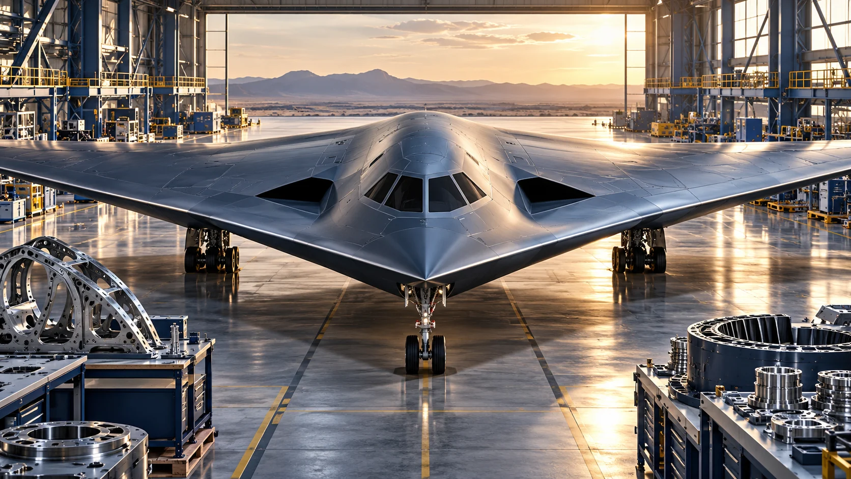 Illustrazione di un velivolo ad ala volante in un hangar per l’analisi di Northrop Grumman