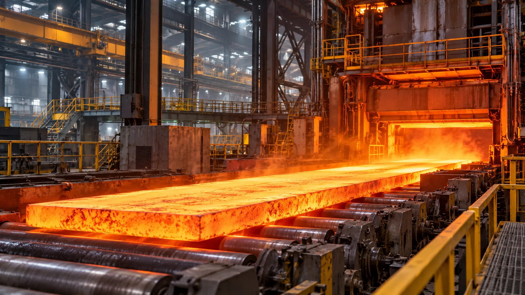 Illustrazione di una lastra di acciaio incandescente su una linea industriale a rulli