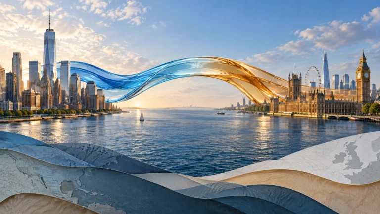 Illustrazione generata con IA: due nastri di vetro si uniscono in un ponte simbolico fra New York e Londra.