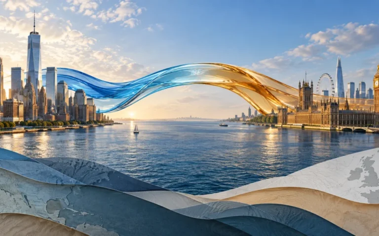 Illustrazione generata con IA: due nastri di vetro si uniscono in un ponte simbolico fra New York e Londra.