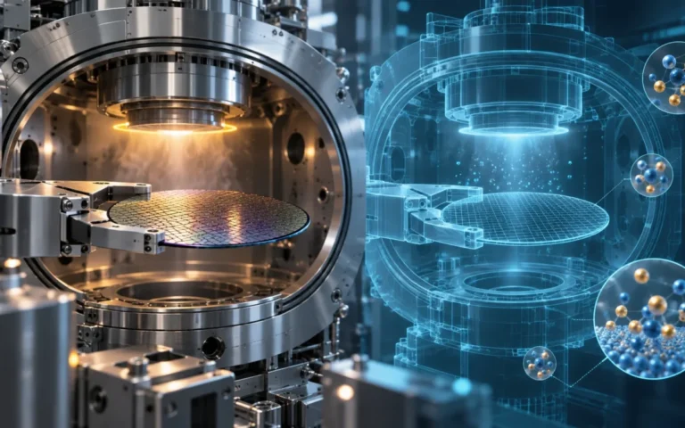 Wafer di silicio in una camera di processo accanto alla sua rappresentazione digitale trasparente e a modelli atomici