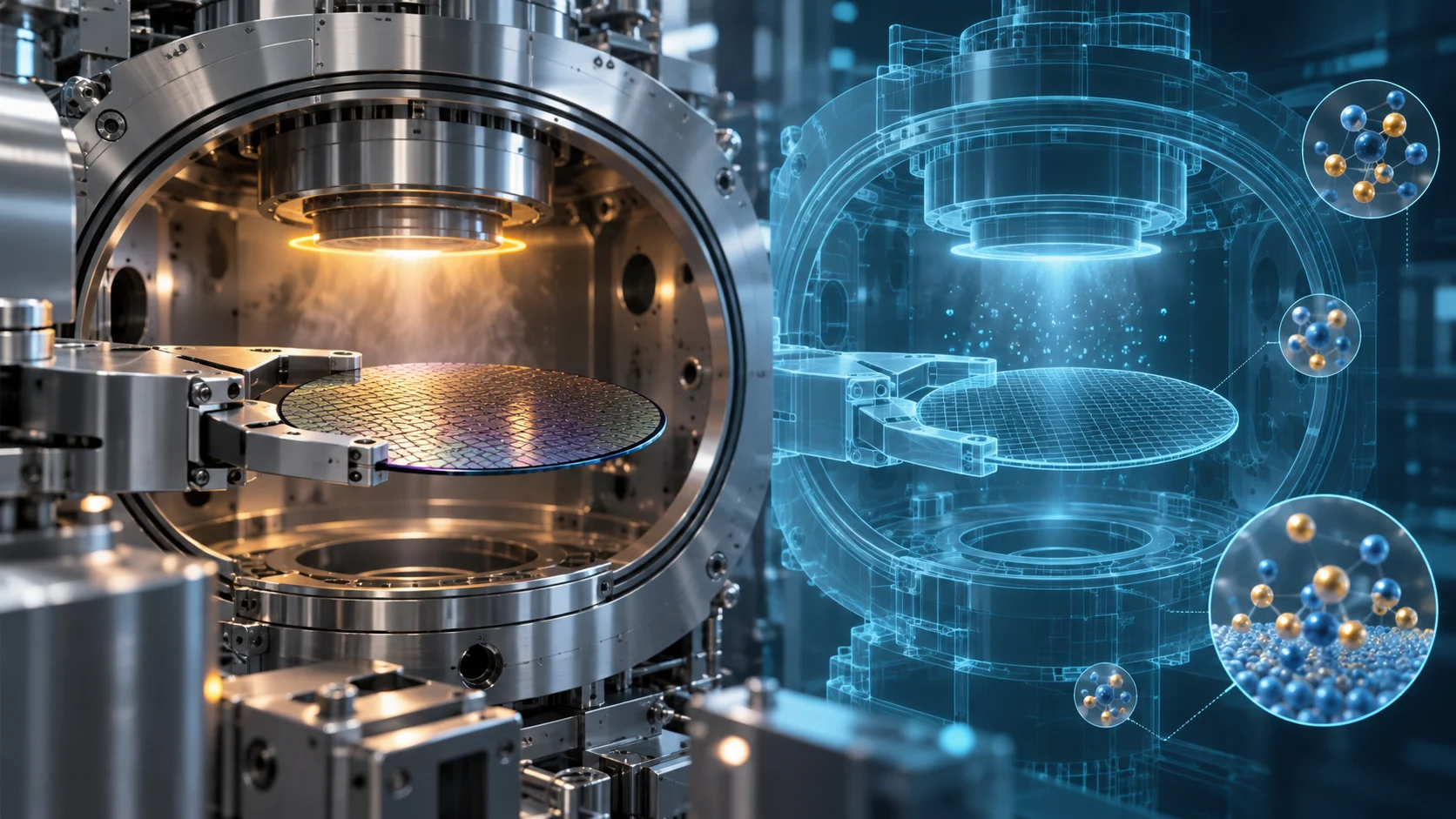 Wafer di silicio in una camera di processo accanto alla sua rappresentazione digitale trasparente e a modelli atomici