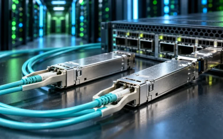Moduli ottici rimovibili e cavi in fibra davanti a uno switch per data center IA