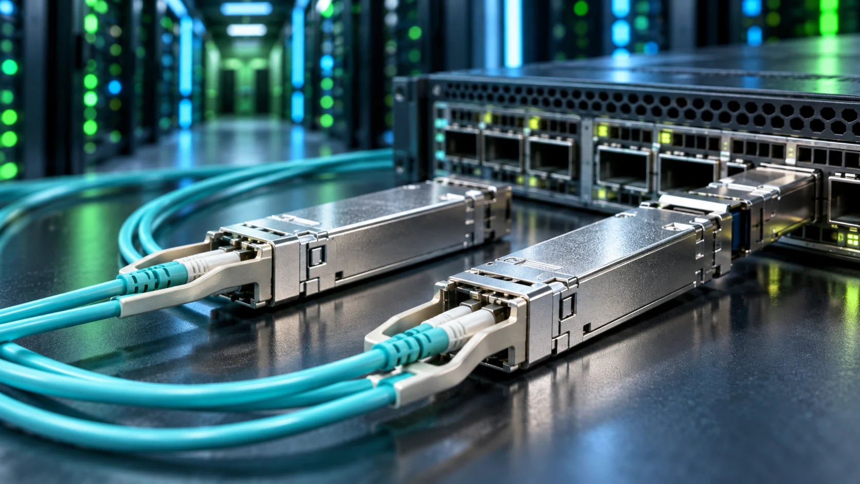 Moduli ottici rimovibili e cavi in fibra davanti a uno switch per data center IA