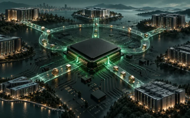 Illustrazione concettuale di un chip collegato a data center e flussi di capitale