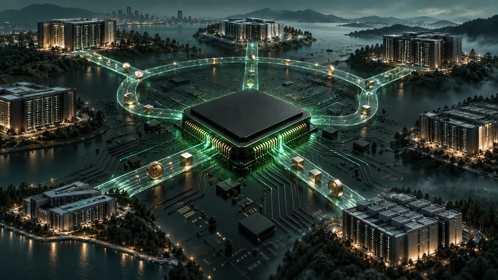 Illustrazione concettuale di un chip collegato a data center e flussi di capitale