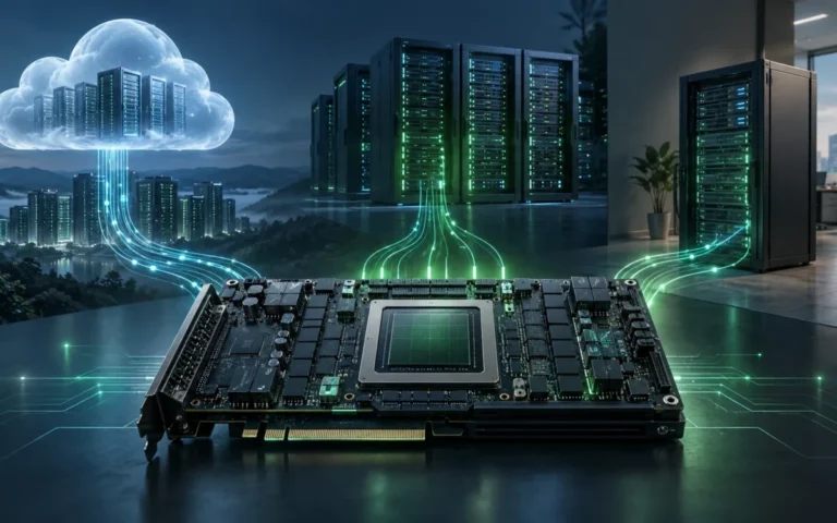 Illustrazione di un acceleratore GPU collegato a cloud, server condivisi e un data center aziendale