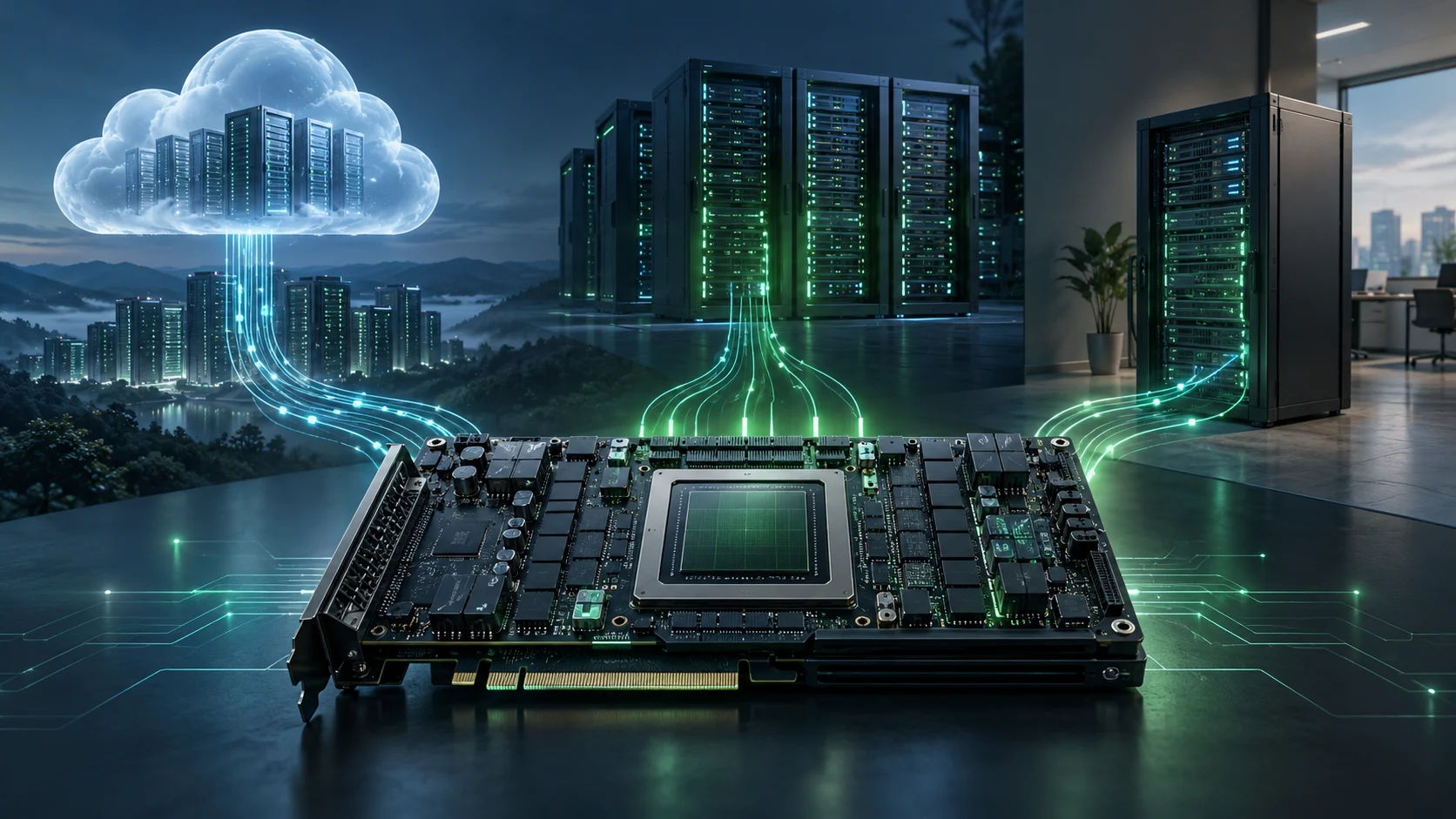 Illustrazione di un acceleratore GPU collegato a cloud, server condivisi e un data center aziendale