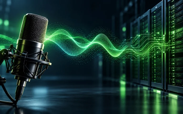 Microfono e onda sonora verde collegata a server, rappresentazione della trascrizione vocale con intelligenza artificiale