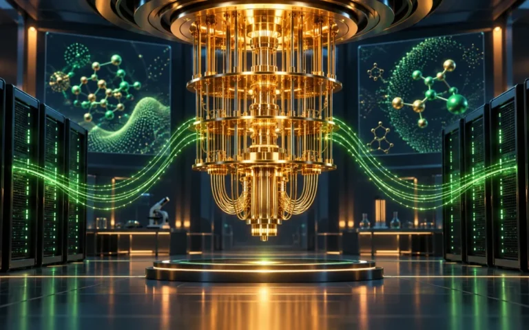 Illustrazione originale di un sistema di calcolo quantistico collegato a supercomputer per la ricerca scientifica