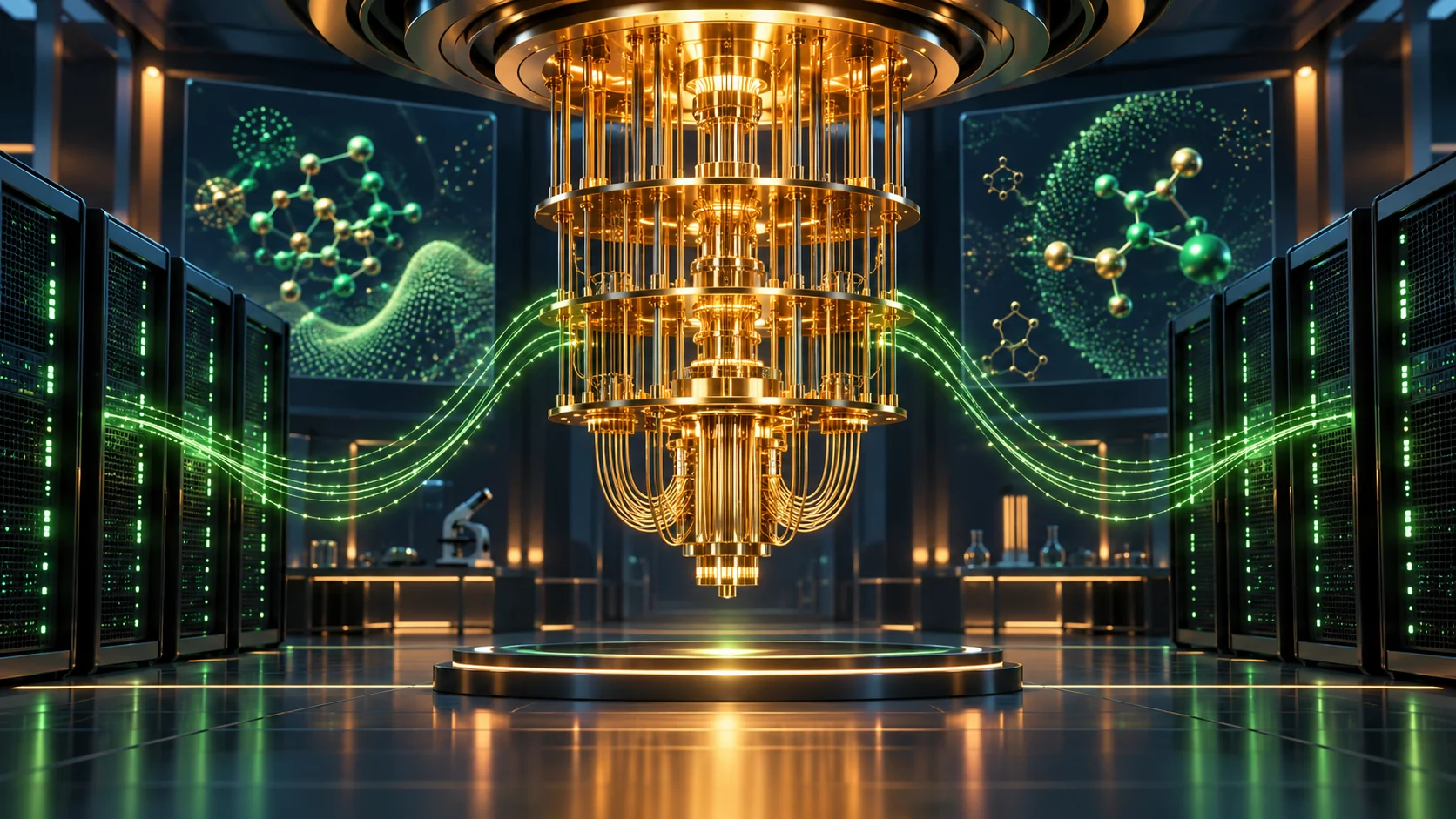 Illustrazione originale di un sistema di calcolo quantistico collegato a supercomputer per la ricerca scientifica