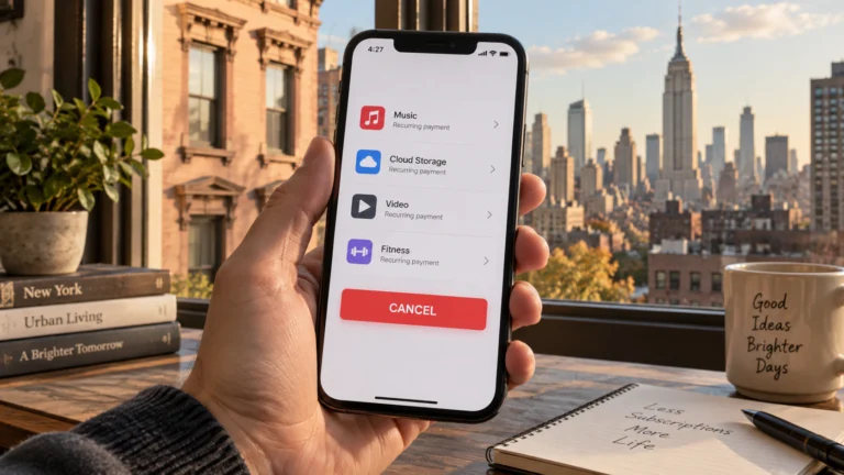 Illustrazione generata con IA: smartphone con pulsante di cancellazione di un abbonamento e panorama di New York sullo sfondo.