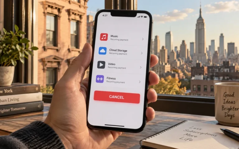 Illustrazione generata con IA: smartphone con pulsante di cancellazione di un abbonamento e panorama di New York sullo sfondo.