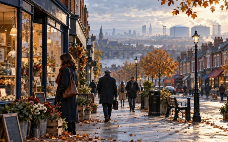 Illustrazione di una strada commerciale britannica in autunno, con abitazioni e infrastrutture energetiche sullo sfondo.