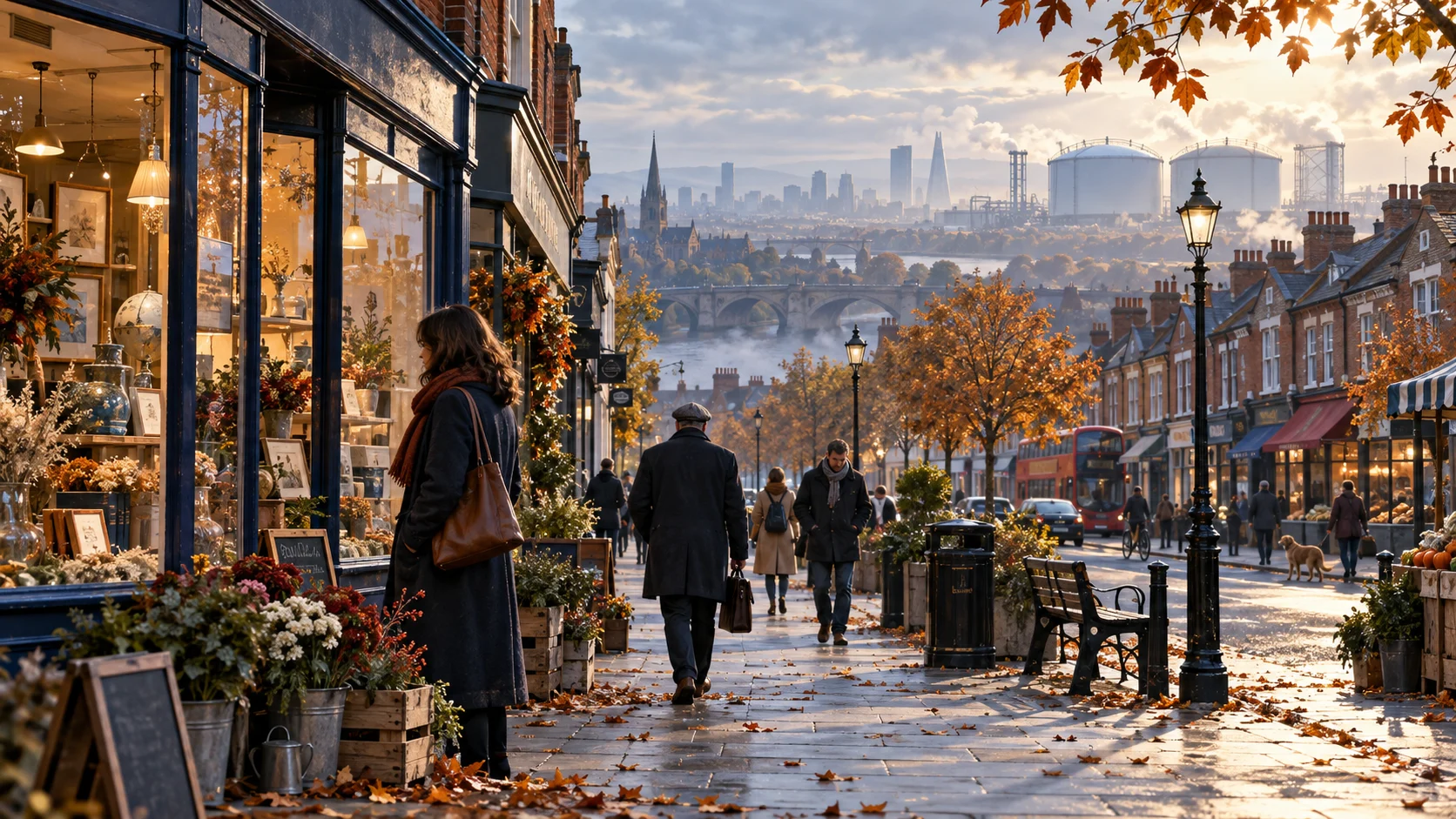 Illustrazione di una strada commerciale britannica in autunno, con abitazioni e infrastrutture energetiche sullo sfondo.