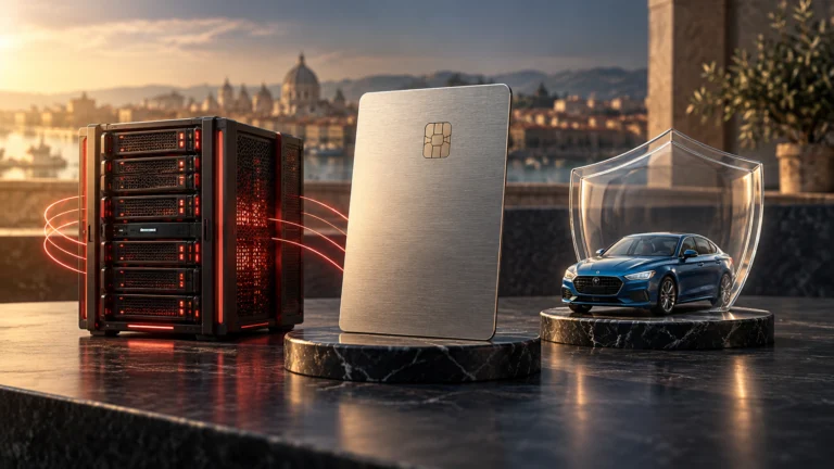 Illustrazione di server cloud, carta di pagamento e automobile protetta, per Oracle, American Express e Progressive