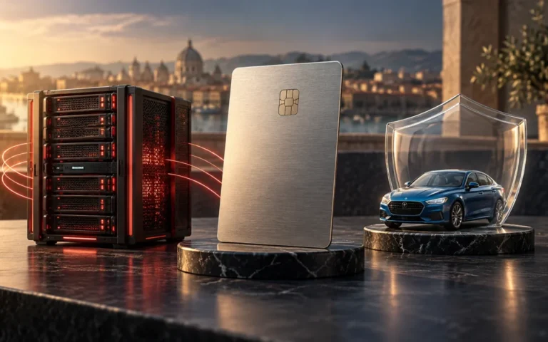 Illustrazione di server cloud, carta di pagamento e automobile protetta, per Oracle, American Express e Progressive